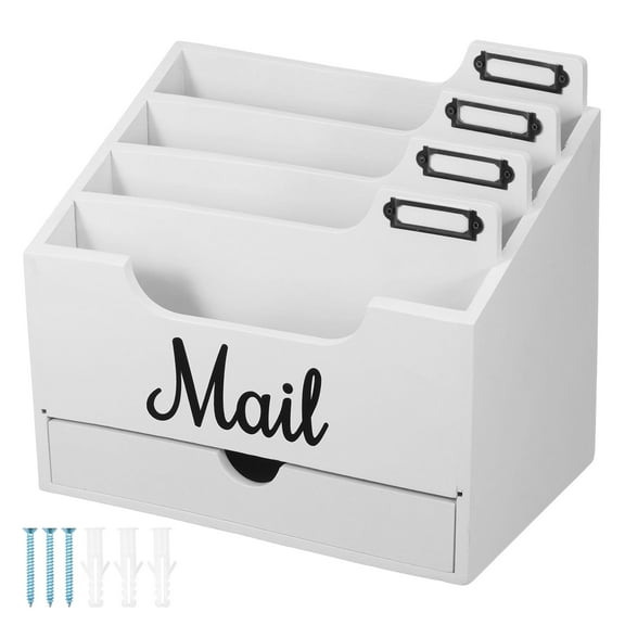 Grusce Desktop Mail Organizer with 4 Compartments and Drawer Wooden Mail Sorter Document Holder for File Letter Document Home