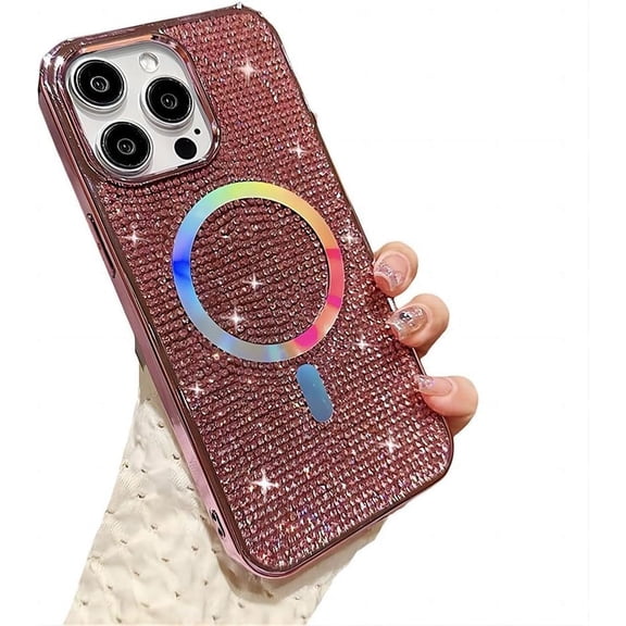 for iPhone Case,[Compatible with MagSafe] Luxury ElectroPlated Frame Glitter Sparkle Sparkly Rhinostone Soft Shockproof Phone Case (Rose Gold,iPhone 12 Pro Max)