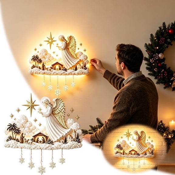 Darzheoy Christmas Manger Sign, Lighted Holy Birth Scene Hanging, Warm LED Snowflake Pendant, Christmas Decorations Indoor for Home Door Entryway Wall