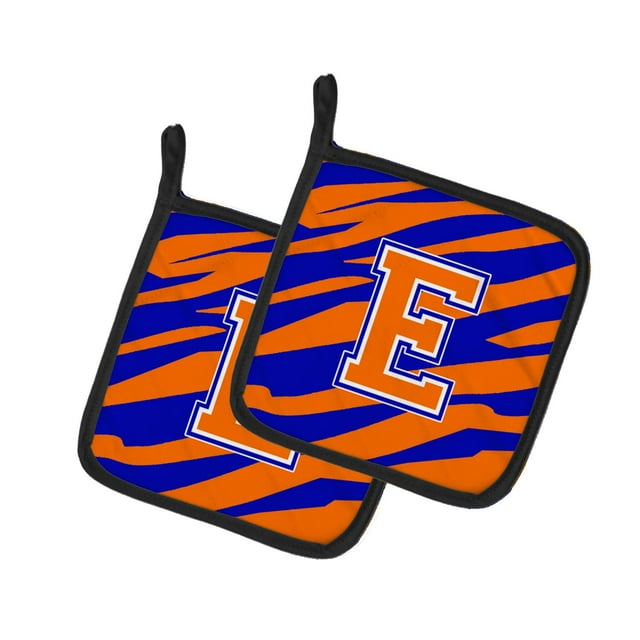 ""Caroline'S Treasures Monogram Initial E Tiger Stripe - Azul Naranja Par De Agarraderas Cj1023-Epthd 7.5Hx7.5W Multicolor""