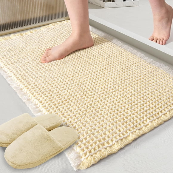 ZALL Tapis de Bain Beige Gaufré, Super Absorbant Antidérapant, Crème 24x36 Pouces, Lavable en Machine, Tapis de Sol Ultra Doux
