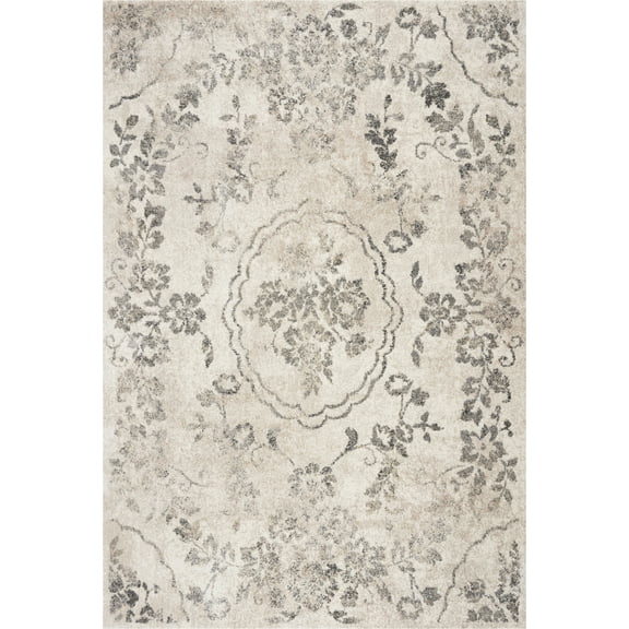 8'x10' Grey Machine Woven Distressed Floral Traditional Indoor Area Rug