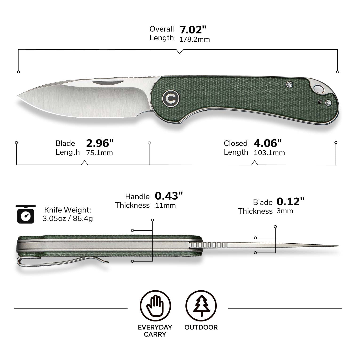 CIVIVI Elementum Slip Joint Pocket Knife, Folding Knife with 2.96" Swedish 14C28N Blade Micarta Handle C18062AJ-2 (Green)