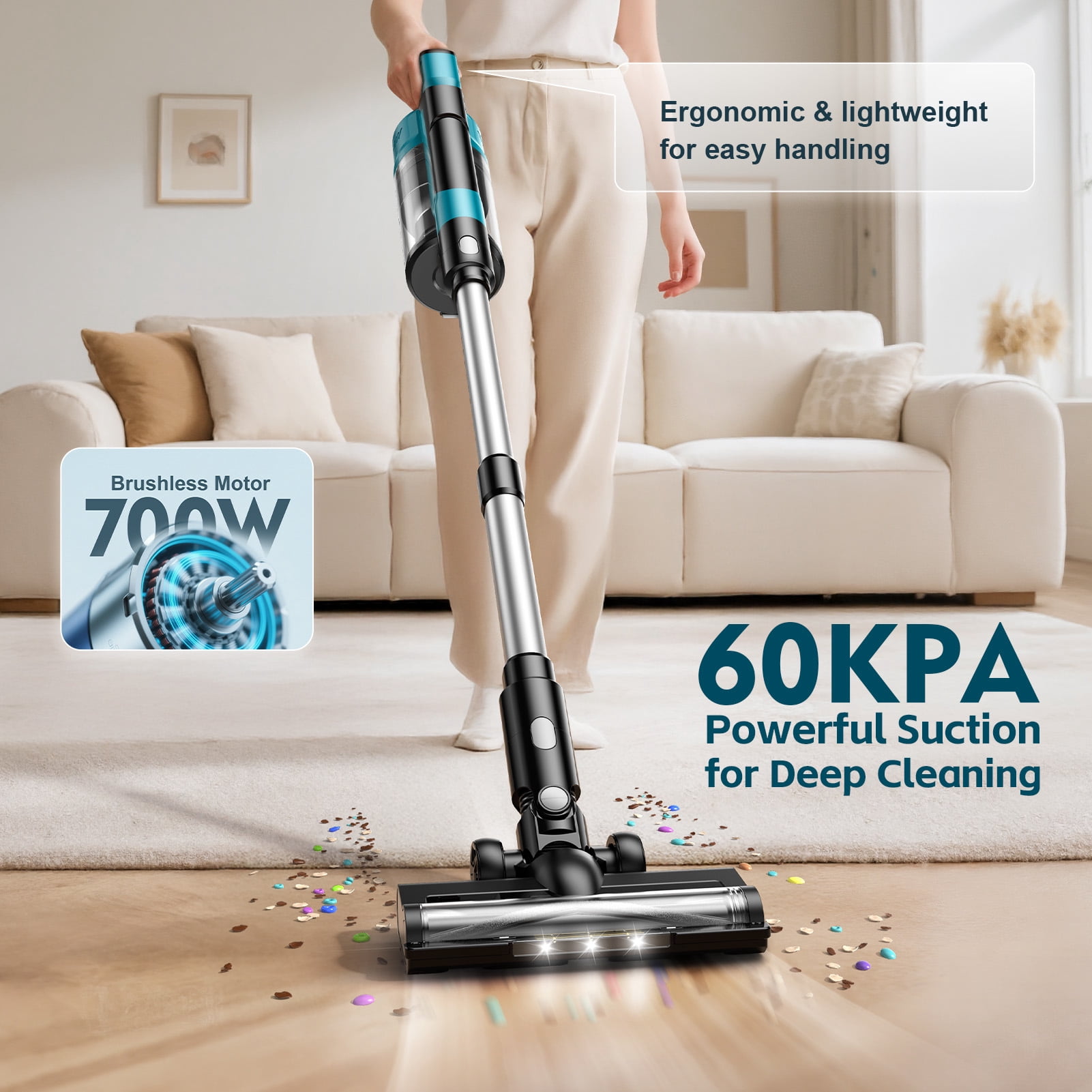 Amiluo Cordless Vacuum Cleaner, 700W 60KPA 72mins Brushless Vacuum Cleaners for Home, 8000mAh large Battery Stick Vacuum with Hepa Filter, 6 in 1 Handheld Vacuum for Pet Hair/Carpet/Hard Floor, V1-1
