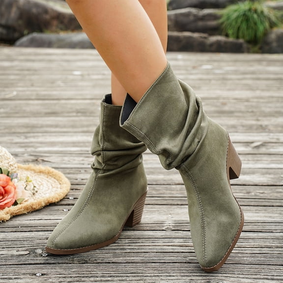 Willtoo Women's Faux Suede Ankle Boots, Slouchy Ruched Chunky Heel Booties, Round Toe Comfortable Pull-On Casual Shoes