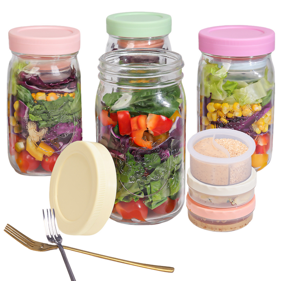 4 Pack Glass Salad Jars with Lids Meal Prep, Leakproof Container for Lunch With 4 Forks, 4 Built-in Boxes, 8  Condiment Containers with Wet/Dry Separation for Salad and Dry Ingredients, 32oz Jars
