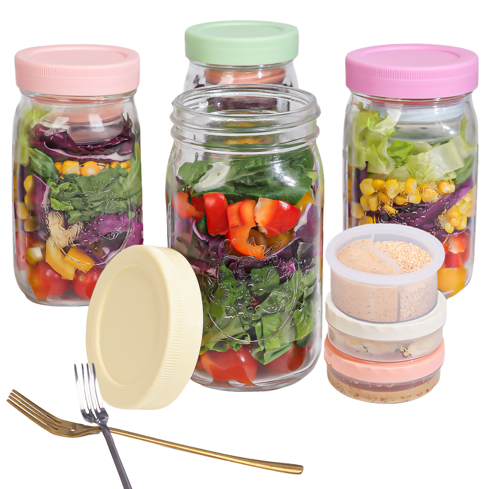4 Pack Glass Salad Jars with Lids Meal Prep, Leakproof Container for Lunch With 4 Forks, 4 Built-in Boxes, 8 Condiment Containers with Wet/Dry Separation for Salad and Dry Ingredients, 32oz Jars