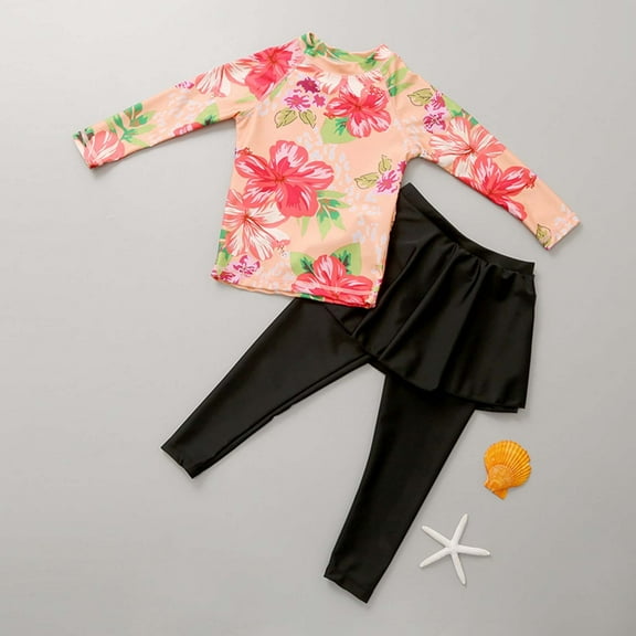 uublik Toddler Swimsuit Girl Printed Long Sleeved Swimsuit Skirt Style Long Pants Surfing Split Set Sun Protection Swimwear, Sizes 3-11