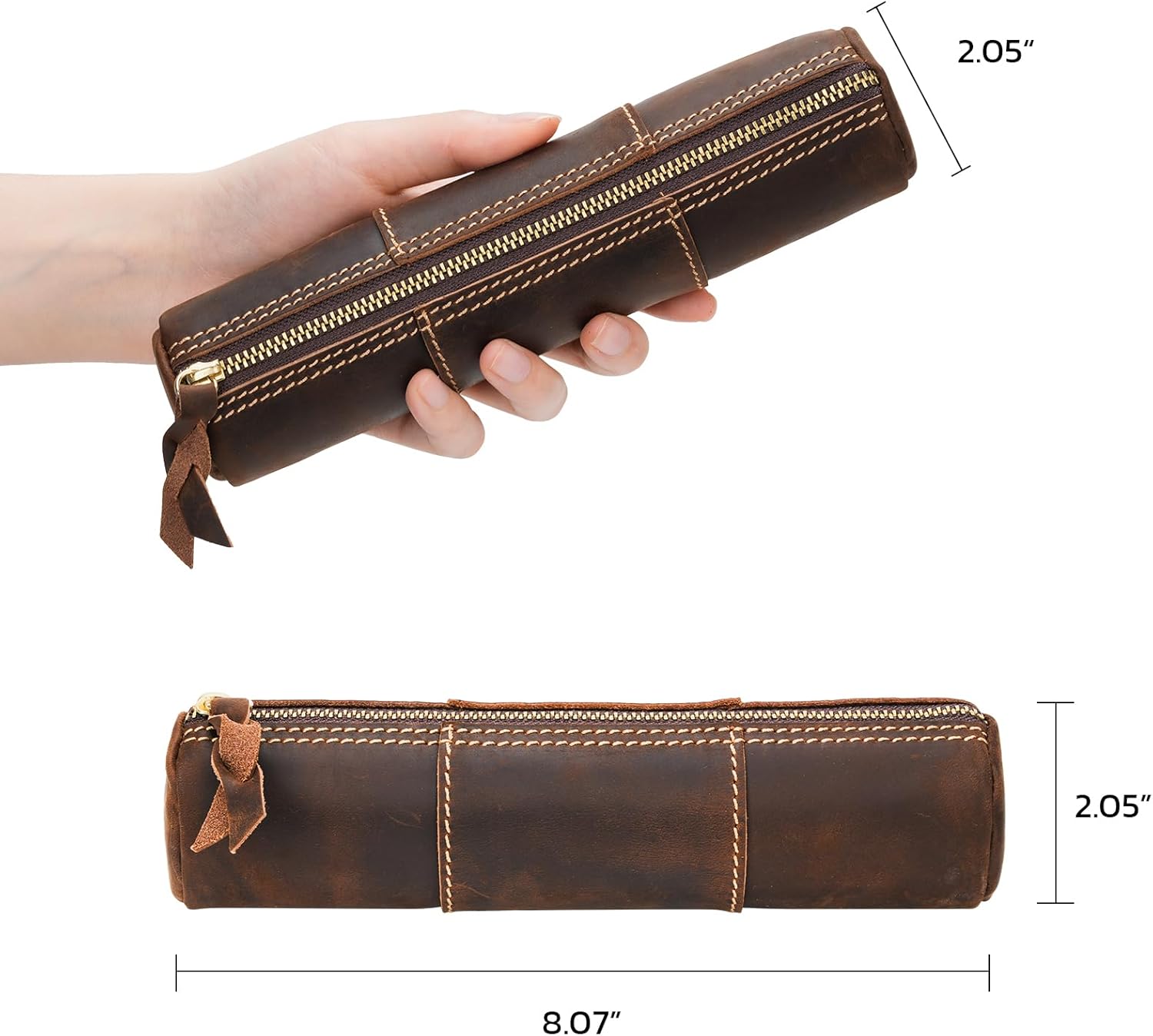 ABPETE Genuine Leather Pencil Case, Full-Grain Cowhide Leather Pouch, Small Pencil Pouch for Men, Vintage Pen Bag for Adults, Stationery Organizer Case for Work & Travel-Cylinder-Coffee