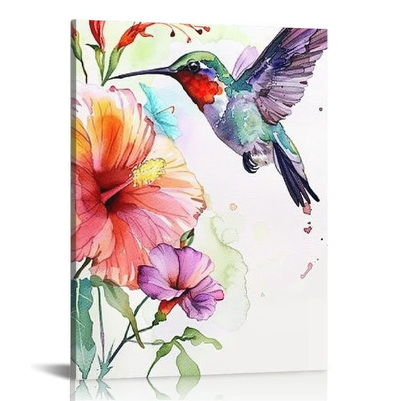 Creowell Hummingbird Canvas Wall Art Watercolor Birds Picture Print Hummingbird with Flowers Painting for Home Decor Frames 12x16 in