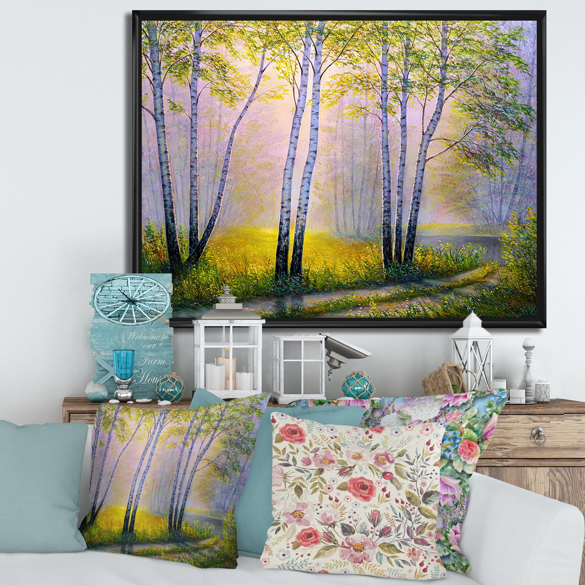 Designart 'Sunrise Glow Through The Birches I' Traditional Framed Canvas Wall Art Print