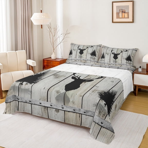 Manfei Jungle Wildlife Deer Twin Sheet Sets,Country Farmhouse Lodge Twin Fitted Sheet,Old Barn Door Flat Sheet For Kids,Breathable Home Decor,3-Piece