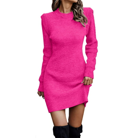WEAIXIMIUNG Womens Sweater Dress High Collar Long Sleeve Solid Color High Collar Knitted Long Dress