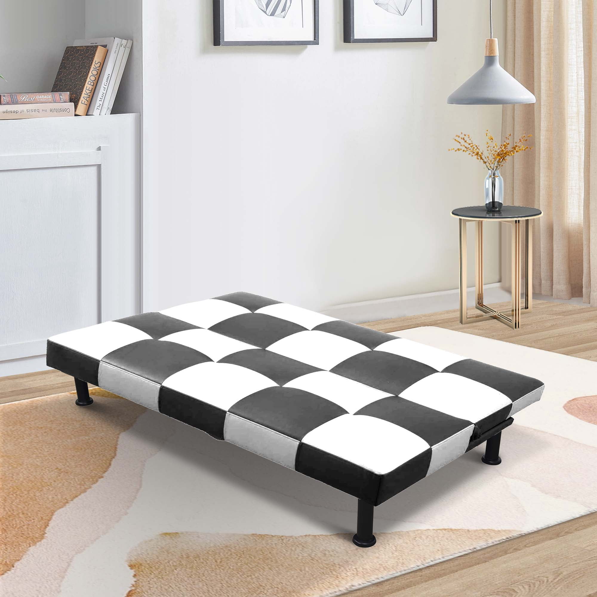 Aukfa Studio Futon Convertible Sofa Bed, Tufted Back, Leather, Black&White