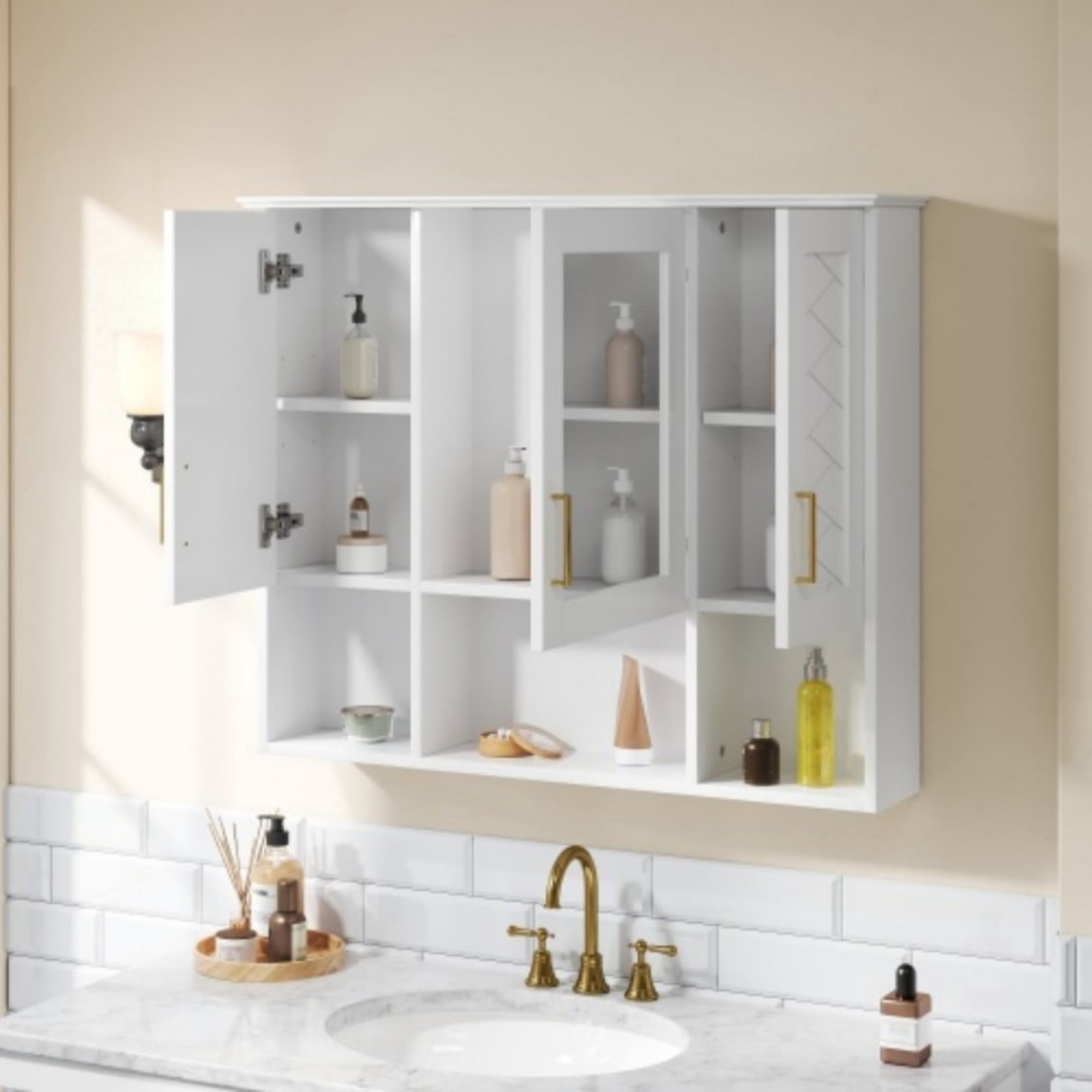 35" Wall Mounted Medicine Cabinet with Mirror, Bathroom Storage Cabinet with Adjustable Shelves, Soft Close Doors, Modern Mirror Cabinet for Vanity, White