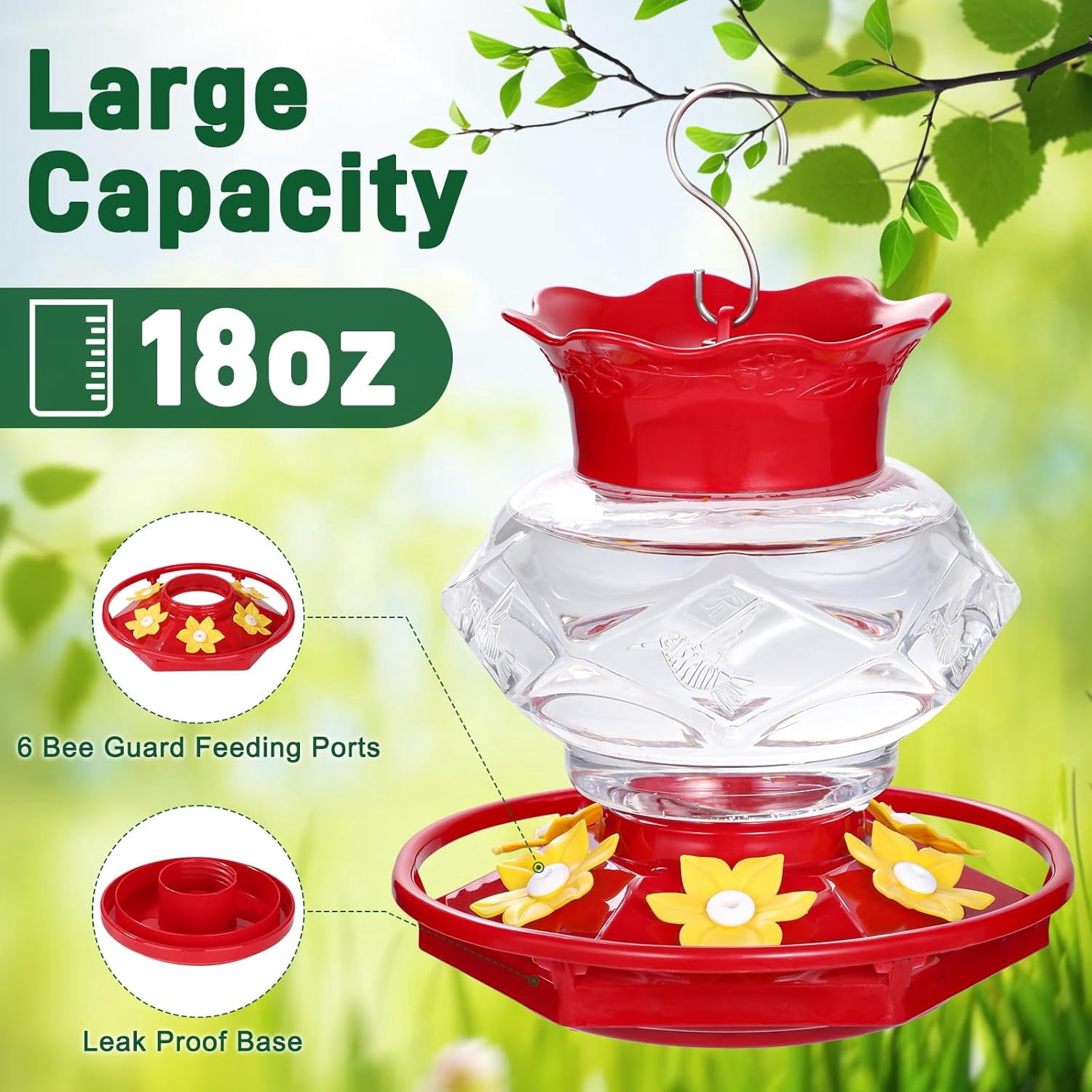 Plastic Hummingbird Feeders for Outdoors Hanging,1 Pack 18OZ Diamond Humming Bird Feeders with 6 Feeding Ports & Perch, Built-in Ant Moat, Gifts for Women, Durable Outside Garden Decor