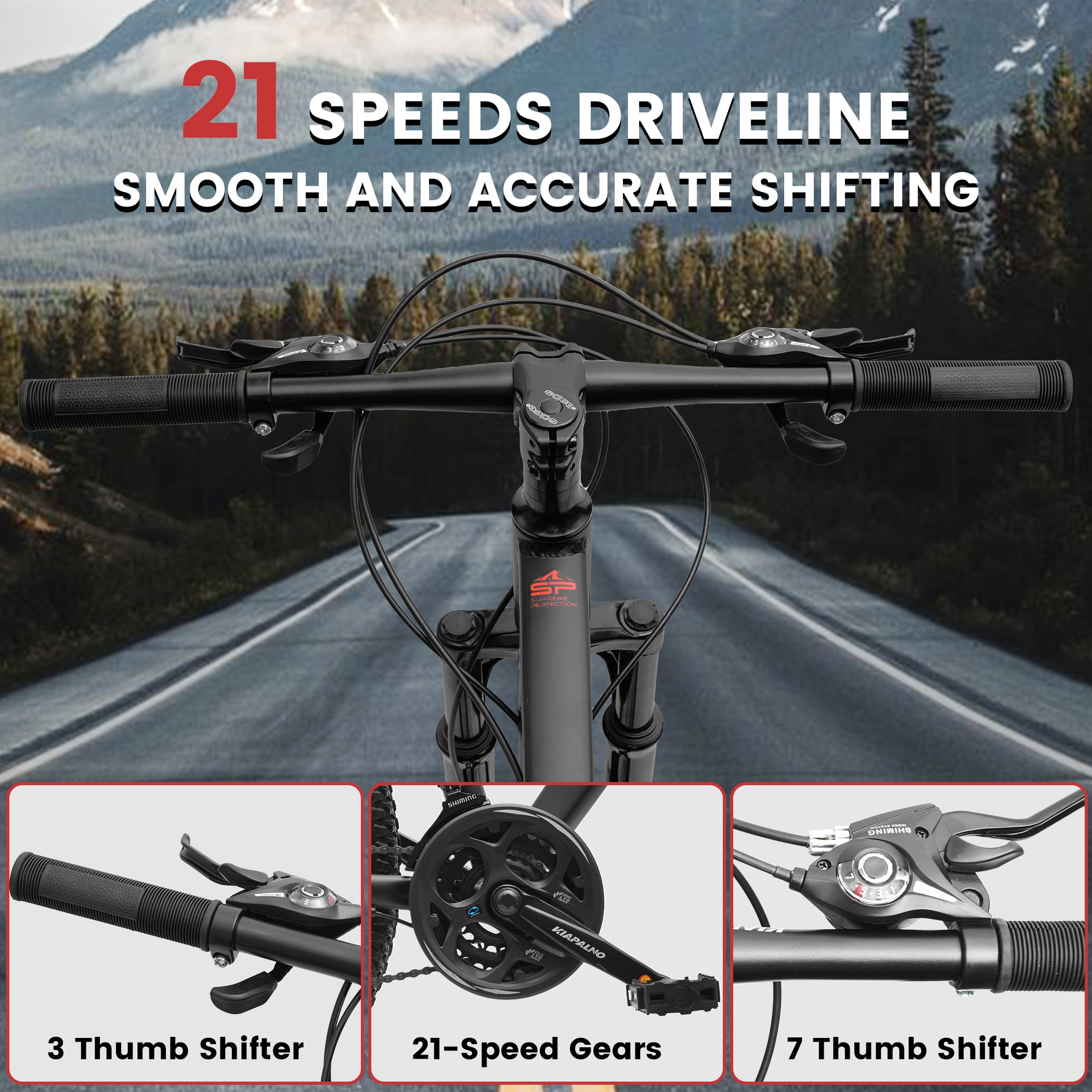 26 Inch Mountain Bike for Adult Men Women, 21-Speed Mountain Bicycle with Front Suspension and Dual Disc Brakes, Aluminum Alloy Frame MTB Bike for Outdoor Trail Commuter, Black
