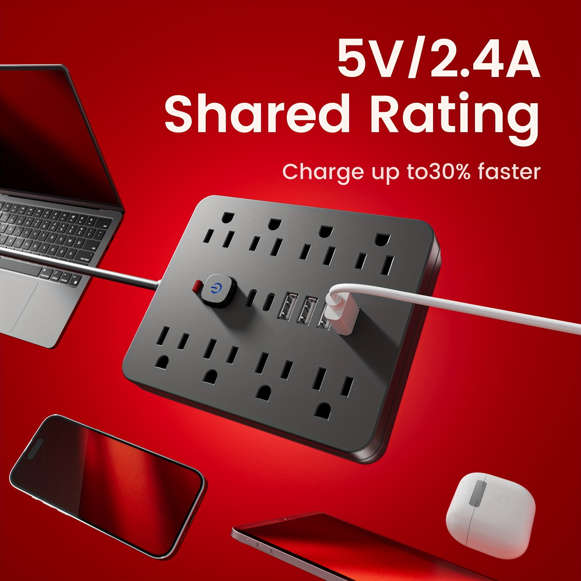 14-in-1 Power Strip with Surge Protector: 8 AC Outlets, 4 USB-A & 2 USB-C Ports, 5/10Ft Cord, Flat Plug, Wall Mount, Overload Protection for Home Office Desktop Charging