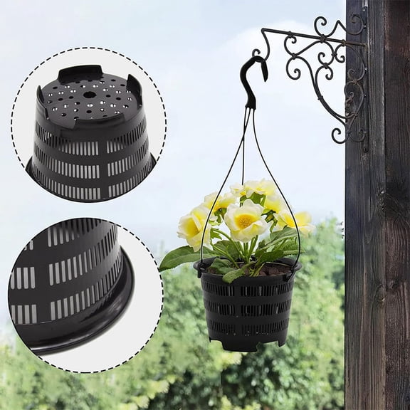 2 Pack Plastic 5 Inch Black Gray Hanging Planter for Indoor & Outdoor Plants, Self Watering Hanging Baskets with Visual Reservoir, Drainage Holes and Plant Hanger