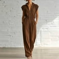 thumbnail image 4 of Guluxicc Brown Womens Collared Jumpsuit Half Zip Wide Leg Cap Sleeve Elastic Waist Casual Dressy Business Casual Summer Rompers with Pockets, 4 of 7