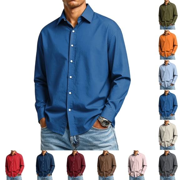 GrmtClth Mens Shirts Solid Long Sleeve Button Down Collared Wrinkle Free Stretch Regular Fit Business Casual Dress Tops Royal Blue L