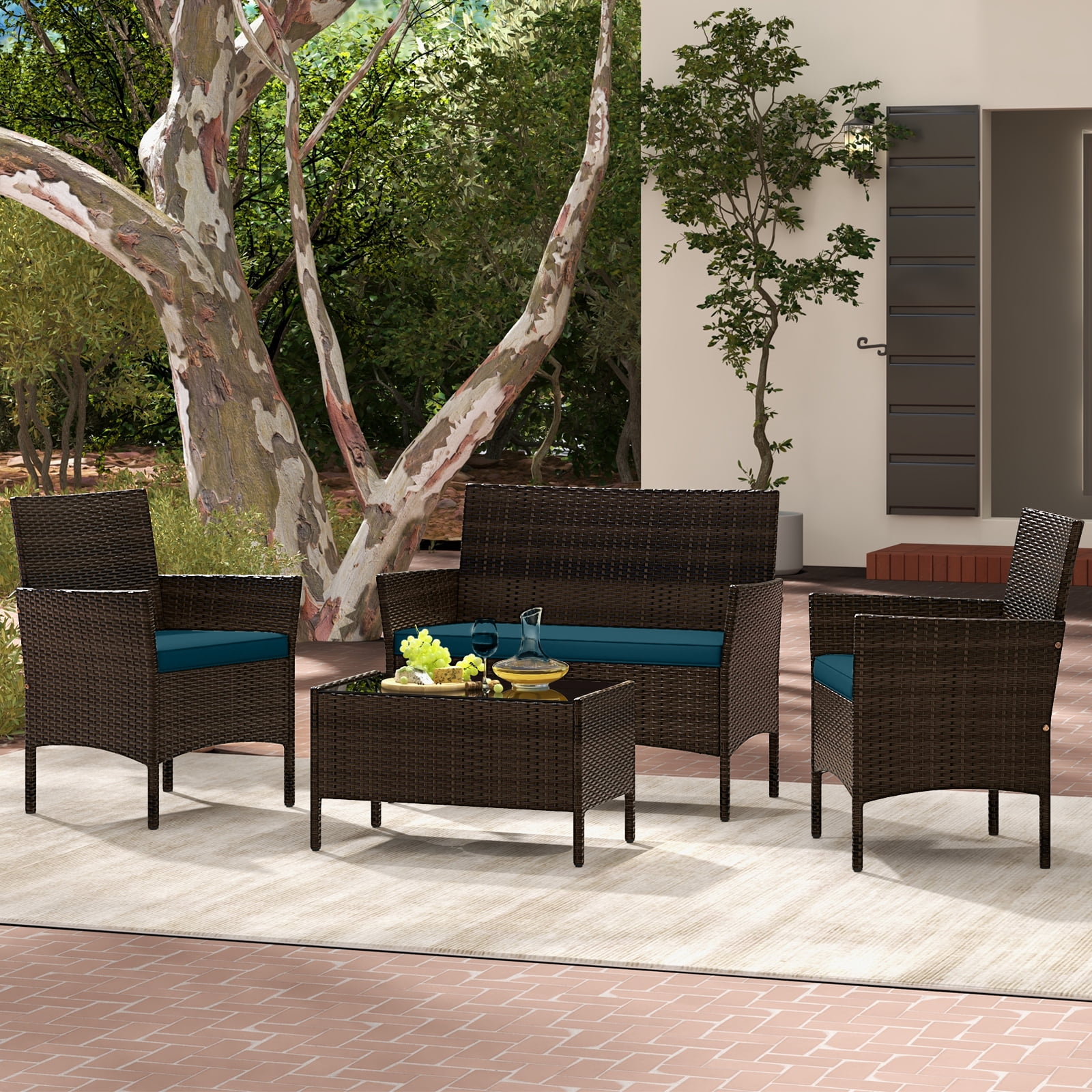 Topbuy 4 Piece Patio Rattan Conversation Set Outdoor Wicker Furniture Set w/ Chair Loveseat & Tempered Glass Table Peacock Blue