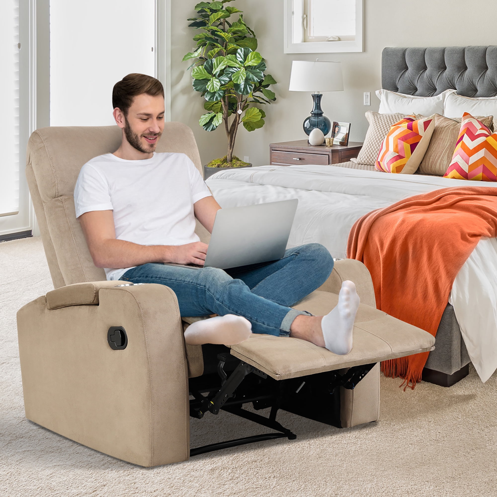 Costway Recliner Chair Single Sofa Lounger with Arm Storage & Cup Holder Brown