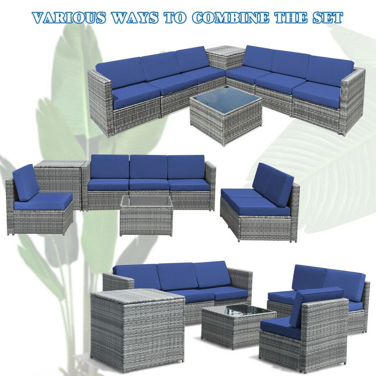Aimee Lii 8 Piece Wicker Sofa Rattan Dinning Set Patio Furniture with Storage Table, Outdoor Deck Furniture, Navy Aimee Lii 8 Piece Wicker Sofa Rattan Dinning Set Patio Furniture with Storage Table, Outdoor Deck Furniture, Navy