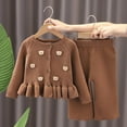 thumbnail image 2 of Odeerbi Toddler Girls Fall Winter Outfits Ruffle Ribbed Sweater Knitted Pants Set 1-8 Years Kids Bear Button Sweater Pants Two Piece Set Long Sleeve Knitted Top Set Toddler Clothes Coffee, 2 of 9