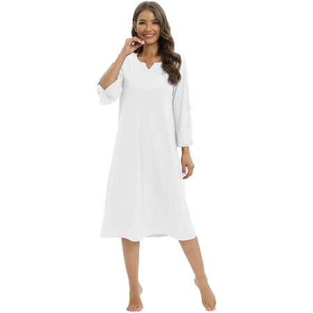 

WBQ Womens Long Sleeve Nightgown Sleepwear Side Slit Sleeve V Neck Nightshirt Pajamas Loungewear Mid-Calf Length Nightdress Sleepdress Soft Lounge Dress S-2XL