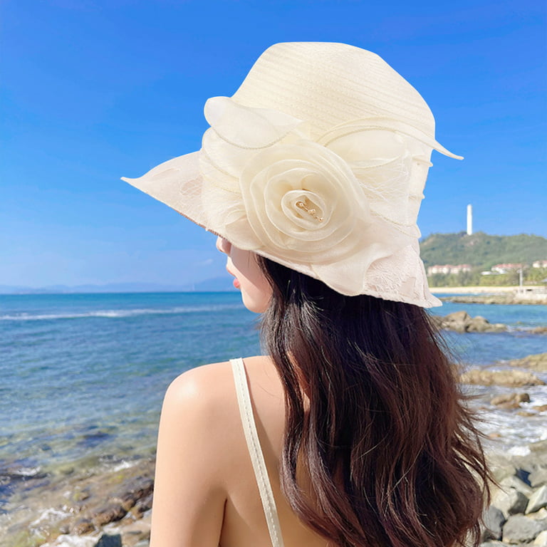 D-groee Women Mesh Sun Hats Summer Beach UV Protection UPF Packable Flower Decor Princess Style Round Hat, Women's, Size: One size, Beige