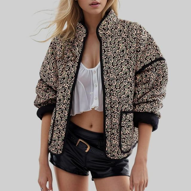 Parkas de manga larga para mujer, chaquetas acolchadas cálidas para mujer, chaqueta acolchada de manga larga con estampado floral, abrigos con bolsillos, blusa para mujer