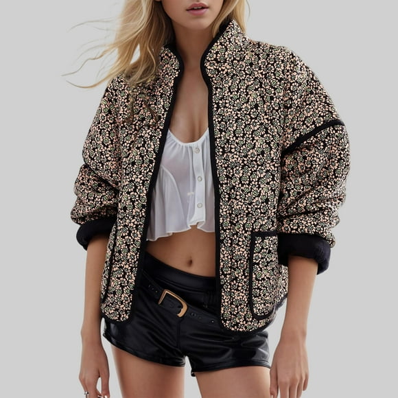 Amzcrzy Puffer Jacket Womens Women Warm Quilted Jackets for Women Long Sleeve Floral Print Puffer Jacket Coats with Pockets Womens Puffer Jacket Quilted Jackets for Women Down Jacket