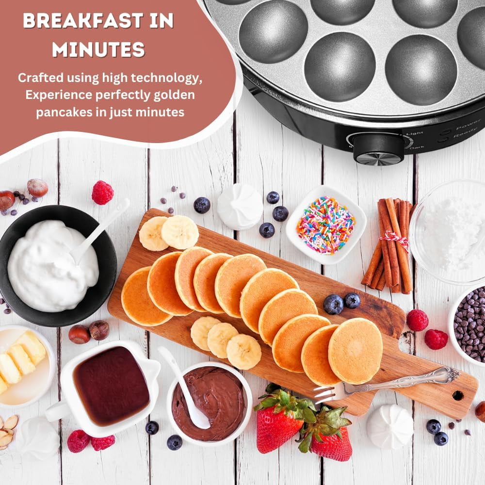 24 Mini Pancake Maker Machine, Nonstick Electric Dutch Pancakes Griddle, Adjustable Heat Multi-Use Poffertjes Pan, Simple & Easy Baker for Home and Restaurants, Perfect for Breakfast & Desserts