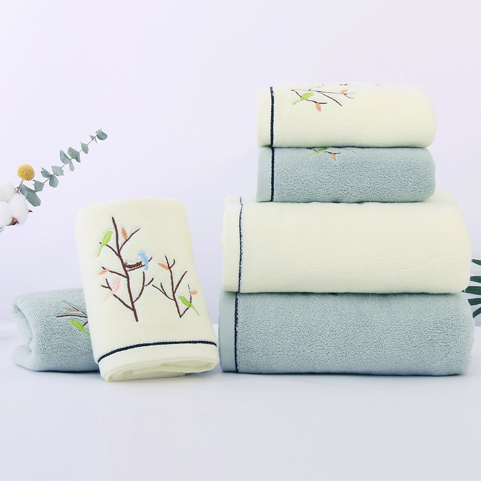 Pidada 100% Cotton Embroidered Bird Tree Pattern Hand Towels for Bathroom Set of 2 (Aqua Green)