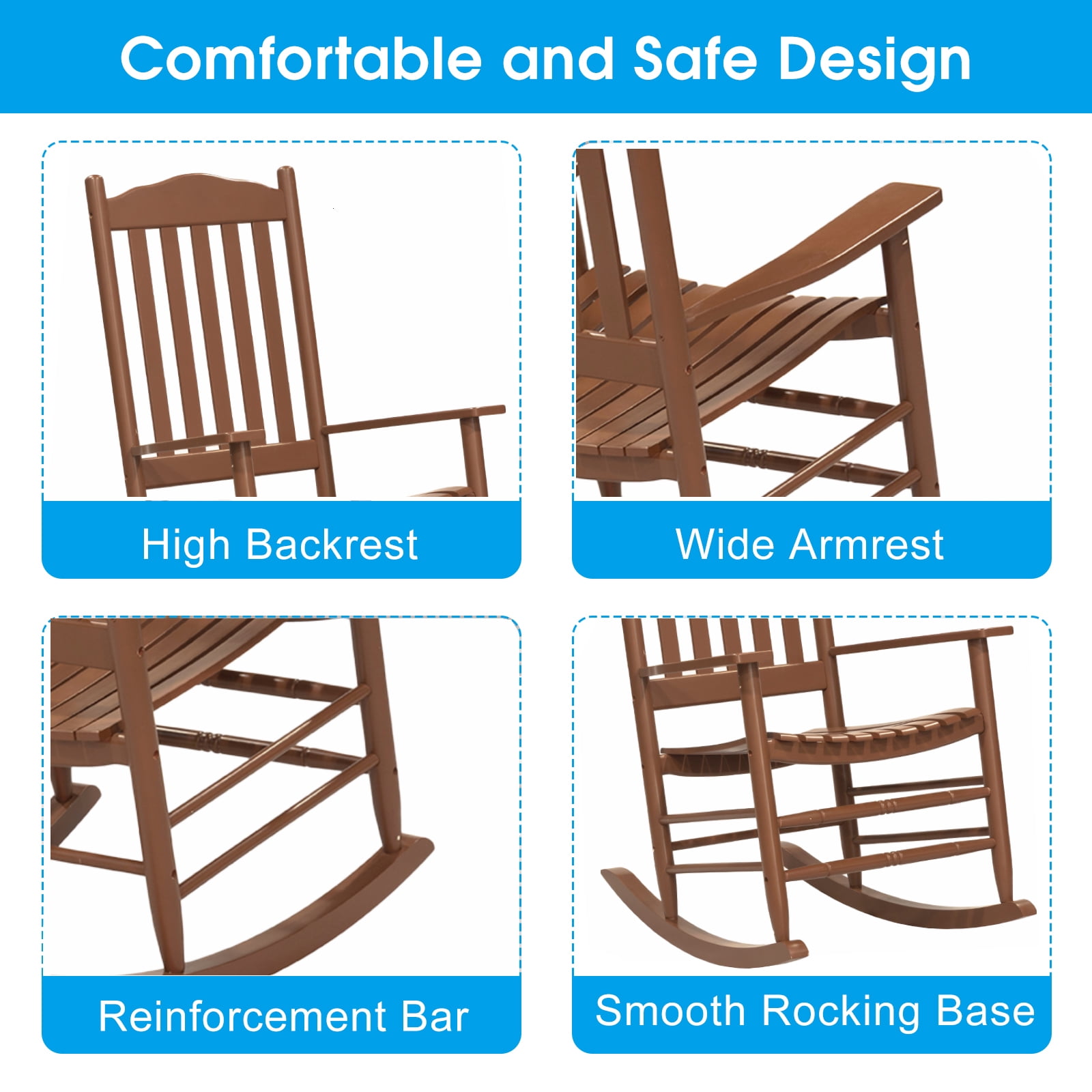 Donglin Wood Slat Back & High Back Rocking Chair, Brown