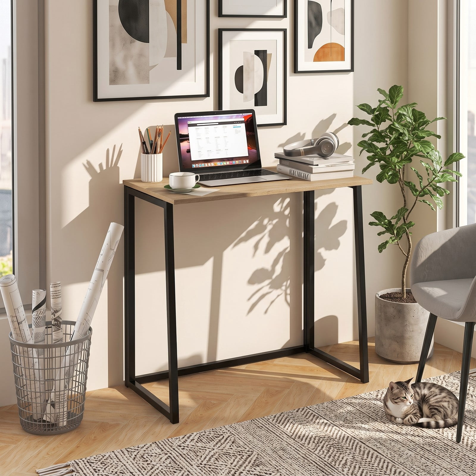 Furnibear Folding Computer Desk 31 Inch Small Desk for Home Office, Space-Saving Writing Study Desk with Metal Frame, Natural