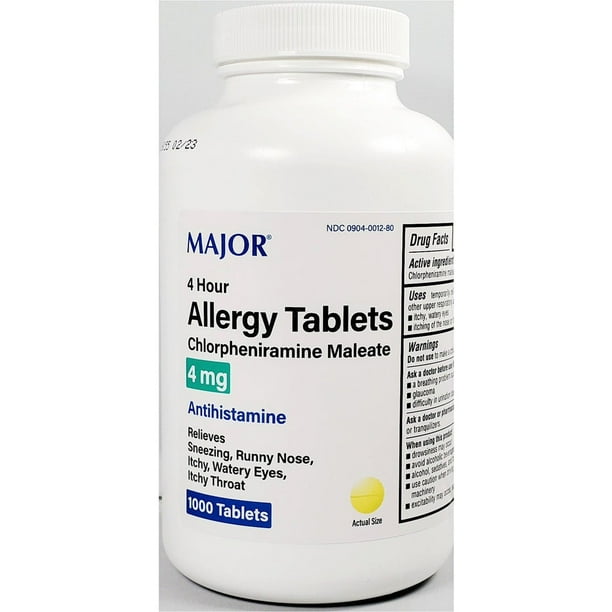 Major Allergy Tablets Chlorpheniramine Maleate 4 mg Antihistamine 1000