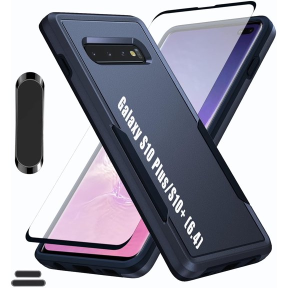 for Galaxy S10 Plus/S10 6.4 Inch Double Layer Hybrid Military Grade Rugged Shock Resistant Drop Case with 1 PCS Magnetic Car Mount and 1 PCS HD Tempered Glass Screen Protector (Blue)