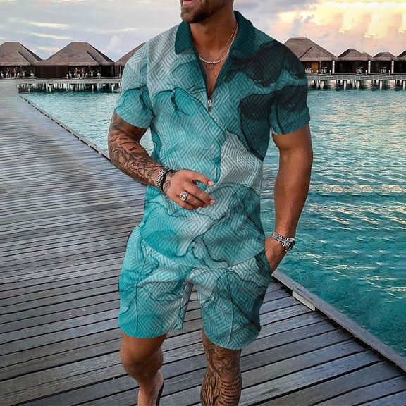 Vedolay Set For Men Casual Summer Men's 2 Pieces Set Short Sleeve Beach V-neck Shirts Summer Vacation Loose Short with Pockets,Sky Blue S