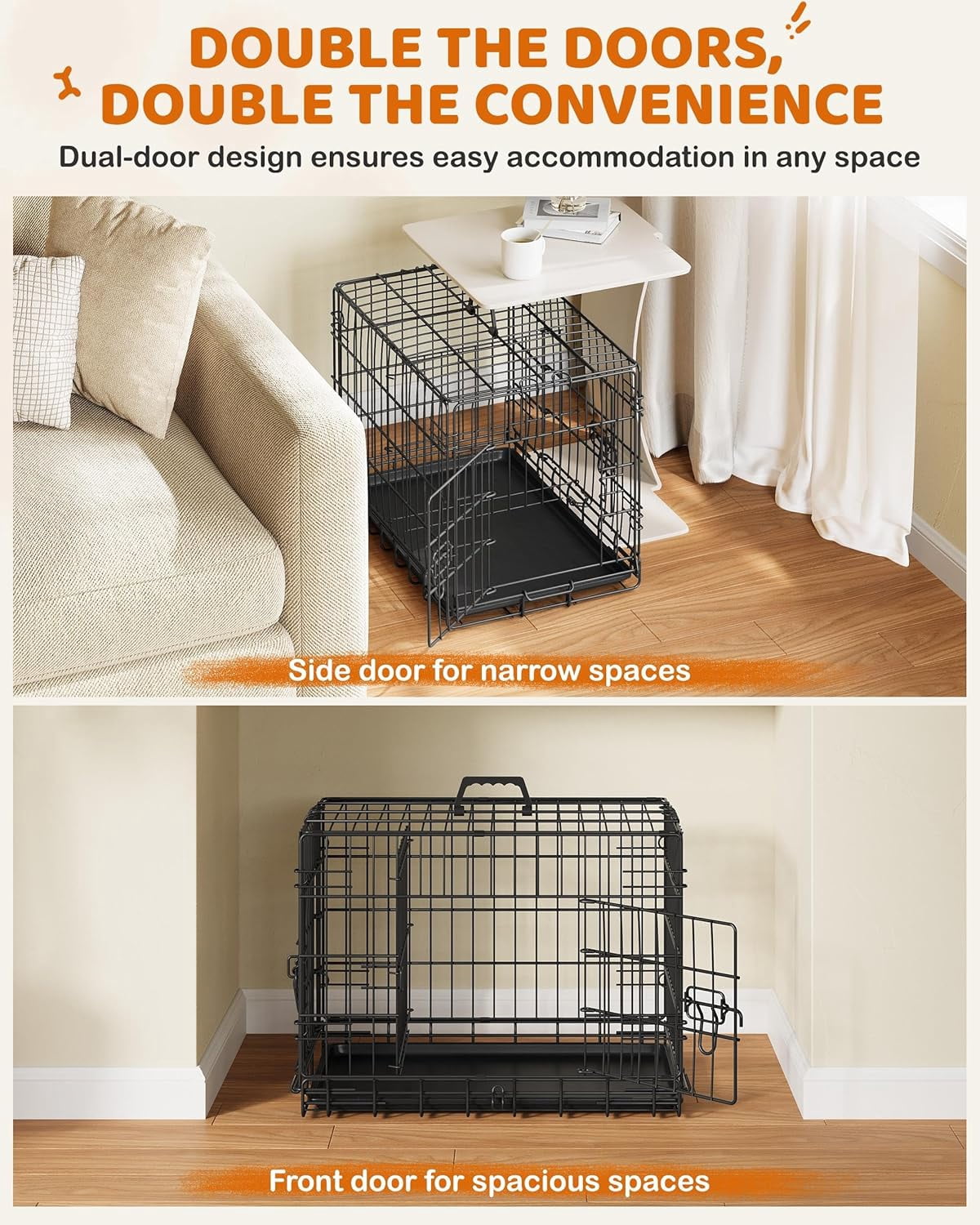 LibraMAl 24 inch Dog Crate Double Door w/Divider for Puppy Collapsible Metal Crate with Removable Tray Wire Kennel Pet Crate for Small Dogs Portable Travel Cage, Black