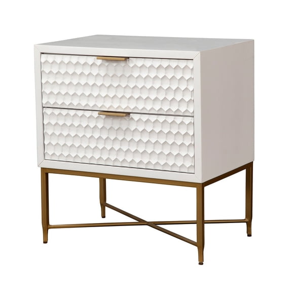 Rexi 26 Inch 2 Drawer Nightstand, Honeycomb, Mahogany Wood, White, Gold- Saltoro Sherpi