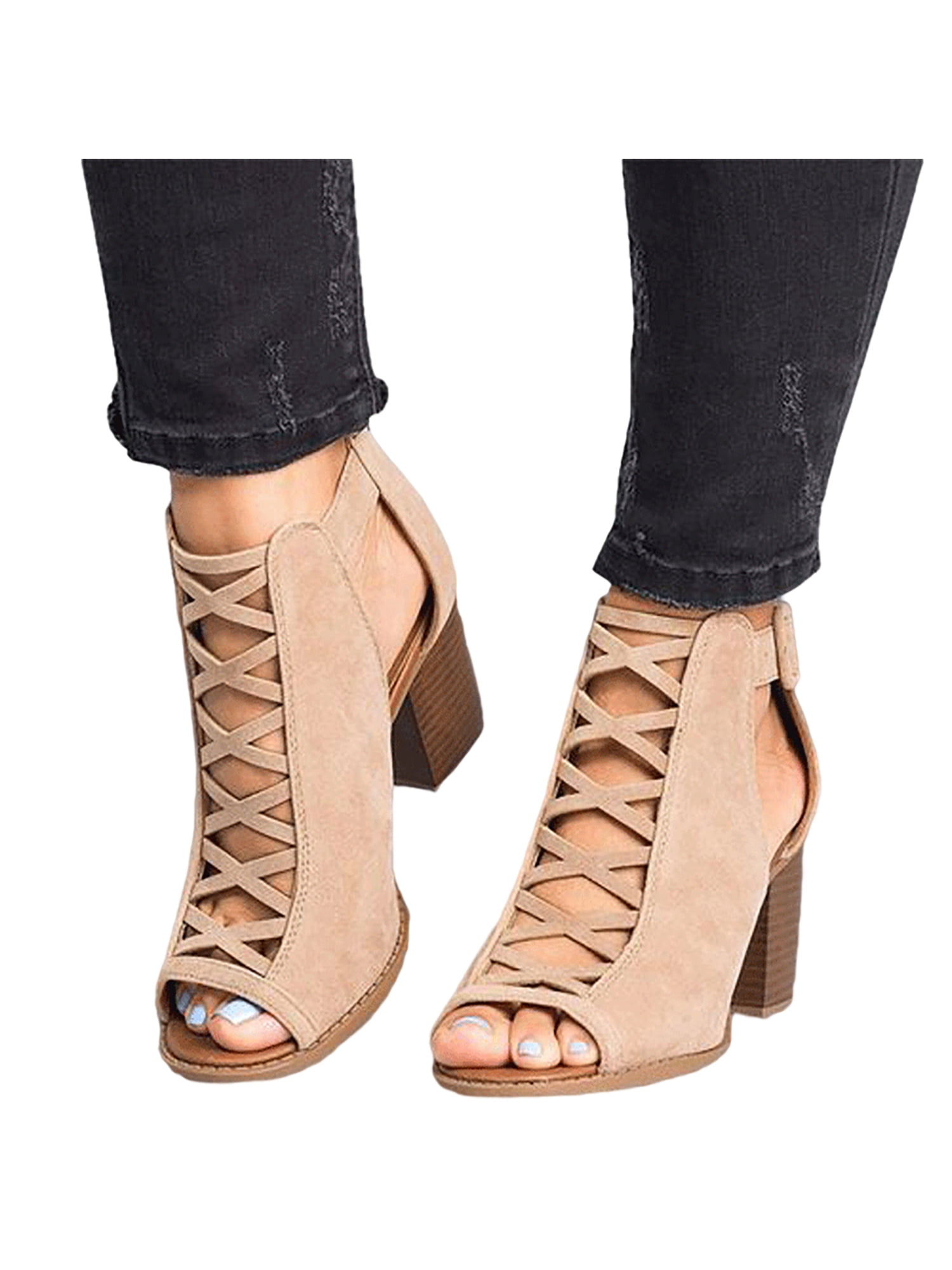 Details about   Pretty Womens Faux Suede Chunky Heels Pointed Toe Cross Strap Breathable Shoes 