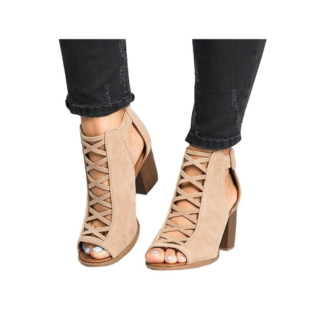 SIMANLAN Women Block Heel Pumps Sandals Mid Top Zip-Up Peep Toe Dress Shoes  Beige Size 6 - Walmart.com