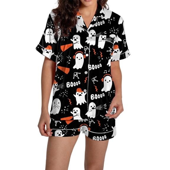 ChenYiFH Under $10 Halloween Pajama Sets For Women 2 Piece Pumpkin Print Shirts And Pajamas Shorts Button Down Short Sleeve Sleepwear Black S
