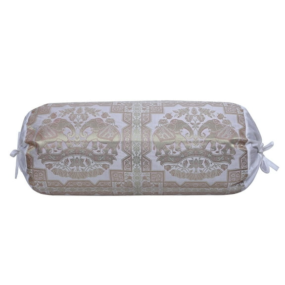 Stylo Culture Indian Tubular Brocade Bolster Pillow Cover White Gold Floral Silk Jacquard Weave Round Neck Pillow Traditional Elephant Decorative Cushion Cover - (76x38 cm) | 1 Pc (Cover Only)
