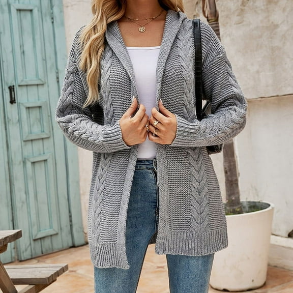Womens Long Hooded Cardigan Sweaters Oversized Fall Cardigans 2025 Ndbuld Women Casual Solid Color Hooded Dough Twists Knitwear Warm Cardigan Coat Gray S