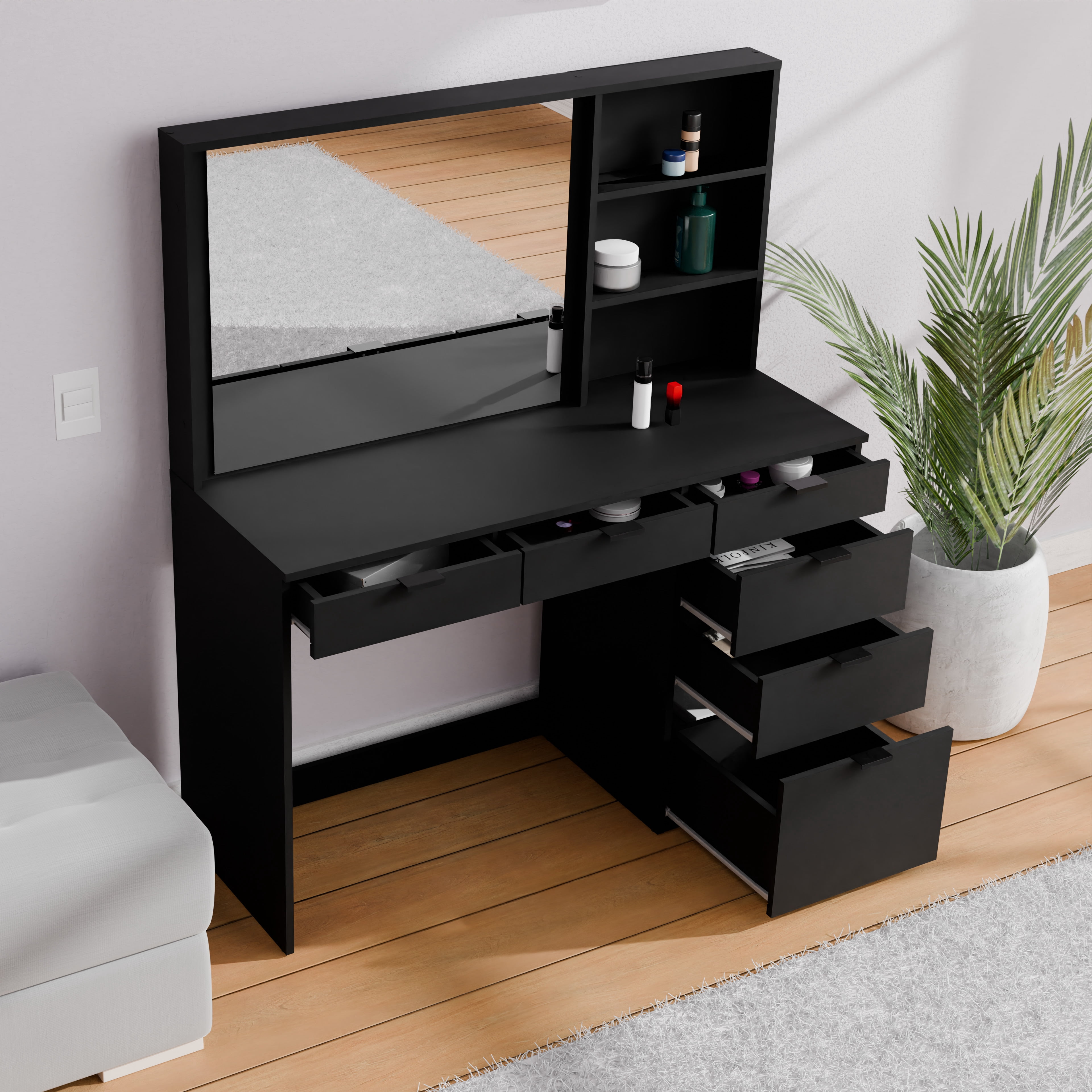 Kappesberg Sofia 6-Drawer Makeup Vanity Desk with Mirror, Shelves