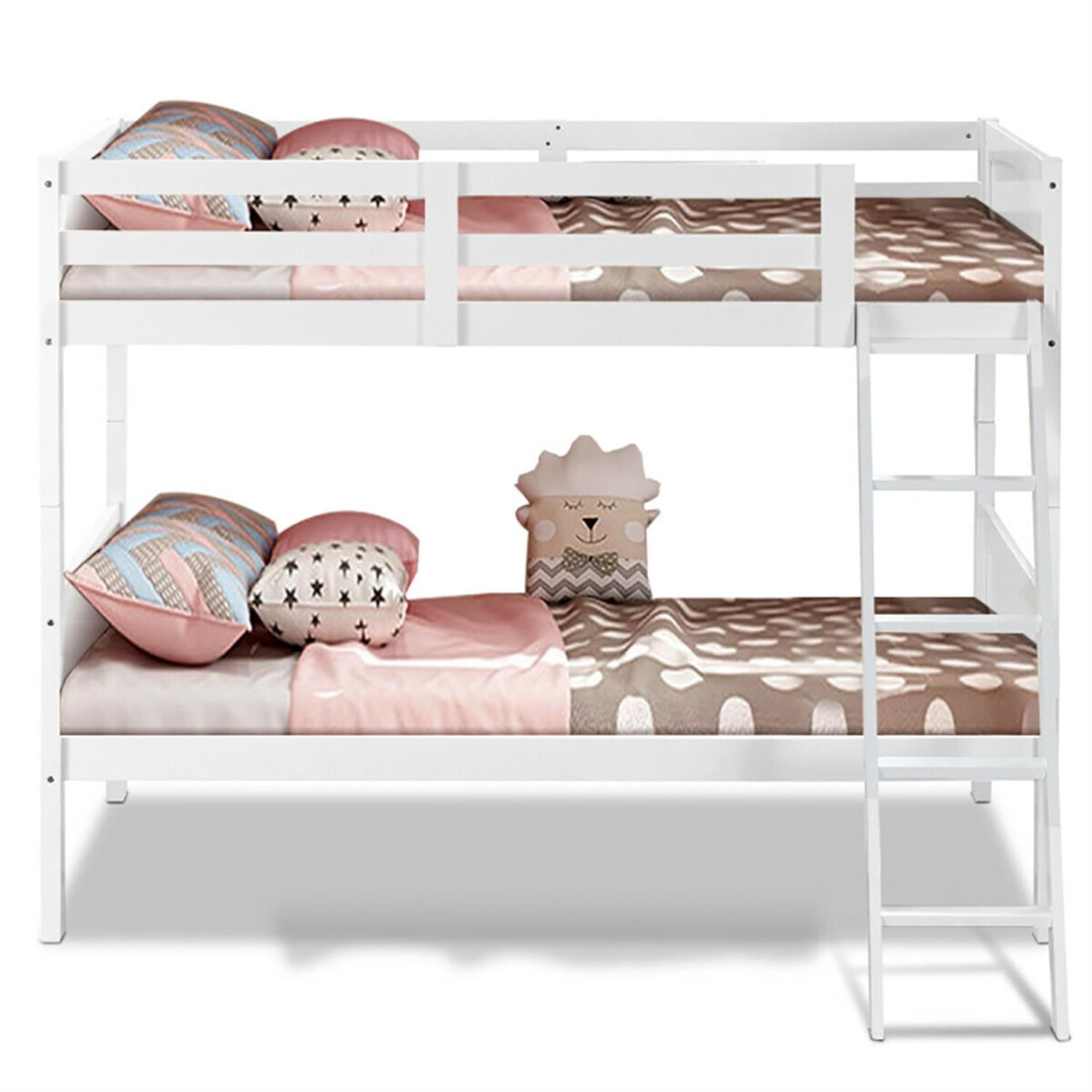 Demi Bonn Solid Wood Twin Over Twin Bunk Bed with Ladder, Twin Bunk Beds, Converts to 2 Individual Twin Beds, White