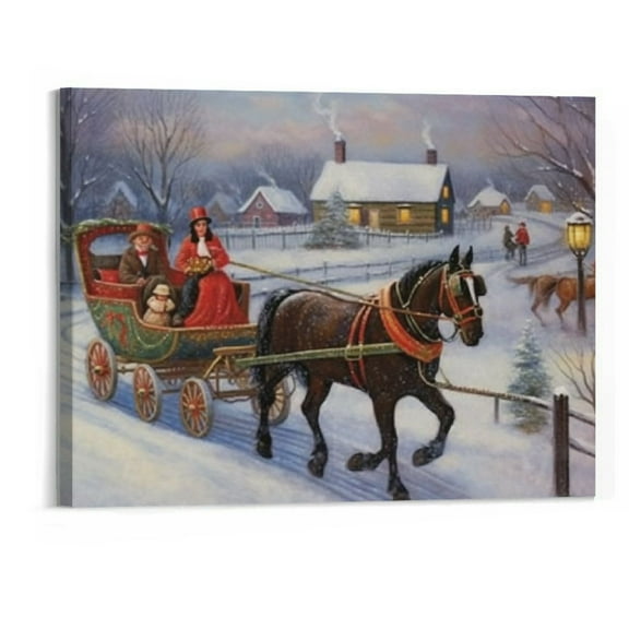 Creowell  Xmas Canvas Wall Art Paintings Sleigh Bells Christmas Ride Abstract Art Wall Hanging Prints for Bedroom Dining Living Room Office Home Kitchen Decor  -20x16inch